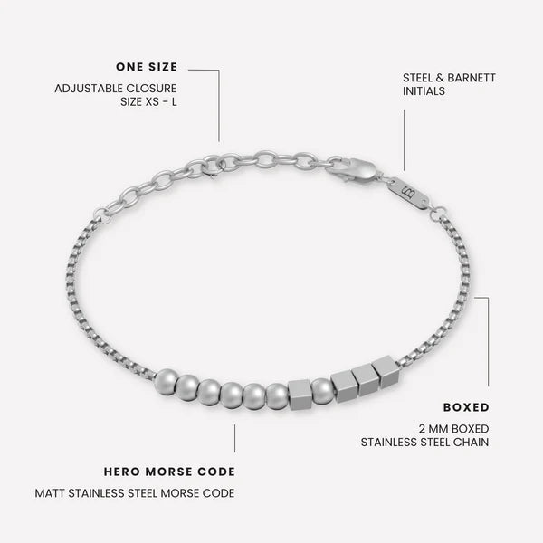 Hero Morse Code - Silver - stainless steel brushed silver bracelet - G-MOR01