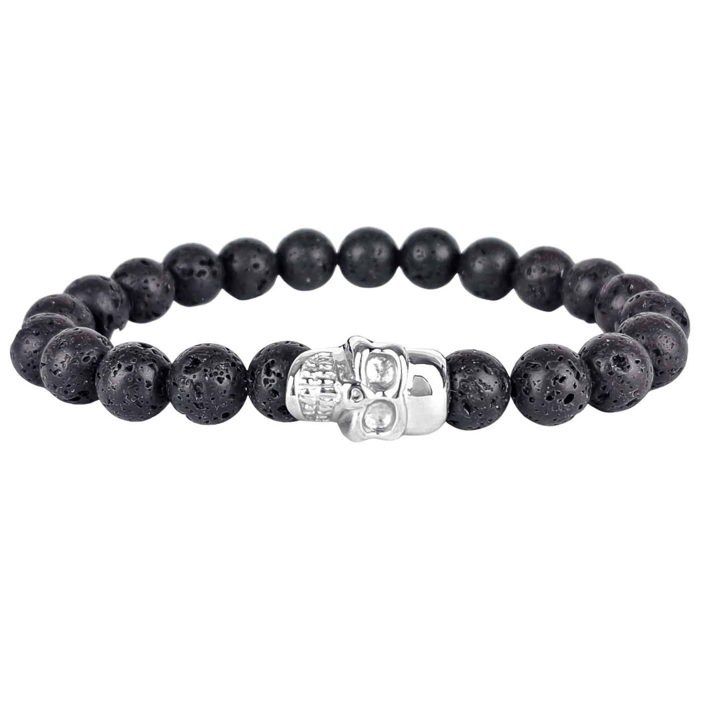 Skull - Lava - natural 8mm stone and silver skull stretch bracelet- SBS/001