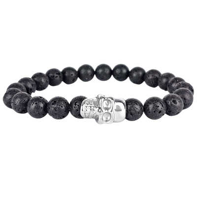 Skull - Lava - natural 8mm stone and silver skull stretch bracelet- SBS/001