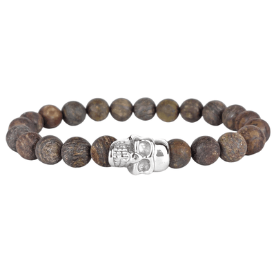 Skull - Matte Bronzite - natural 8mm stone and silver skull stretch bracelet-SBS/012