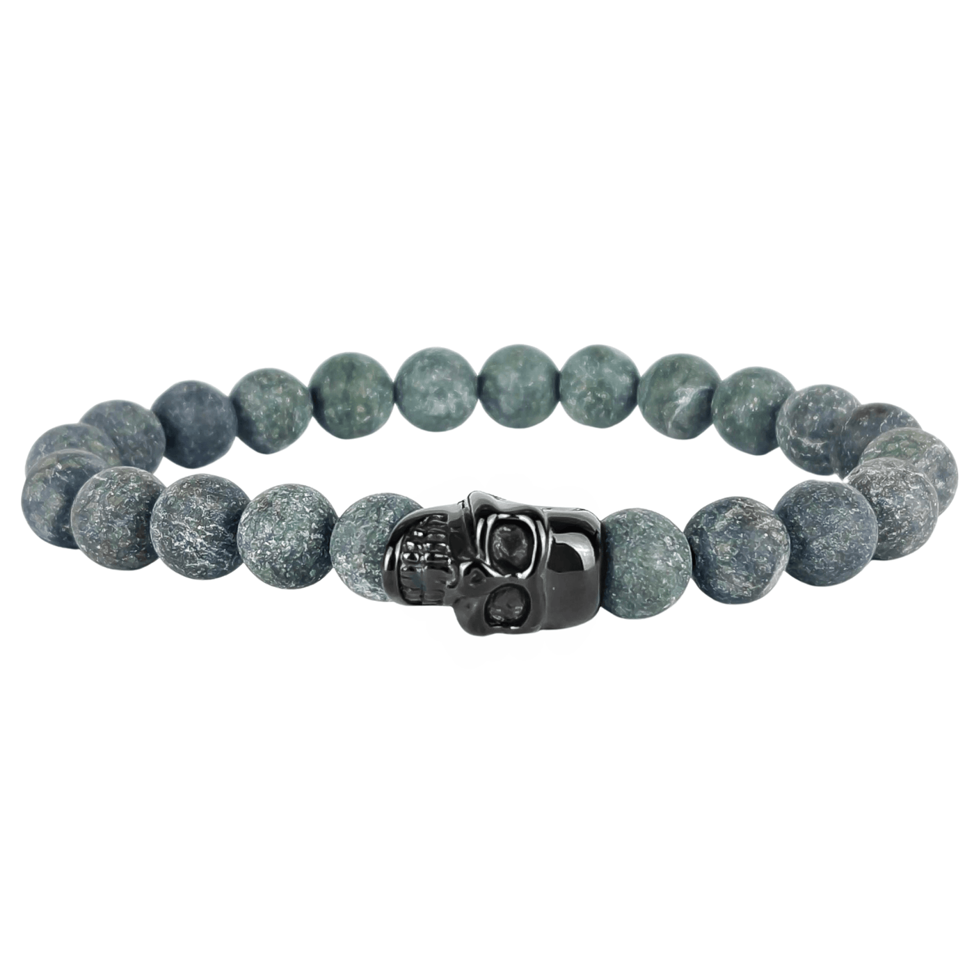 Skull - Matte Serpentine -natural 8mm stone and black skull stretch bracelet- SBS/015