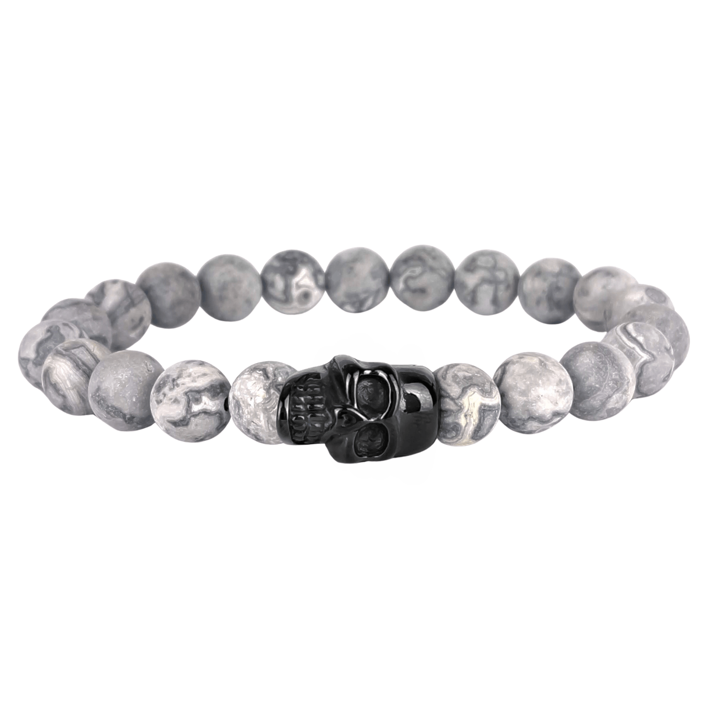 Skull - Matte Smoky -natural 8mm stone and black skull stretch bracelet- SBS/014