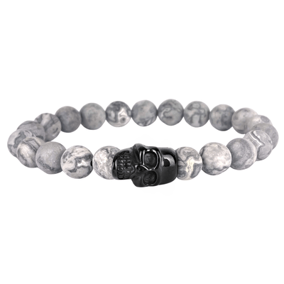 Skull - Matte Smoky -natural 8mm stone and black skull stretch bracelet- SBS/014