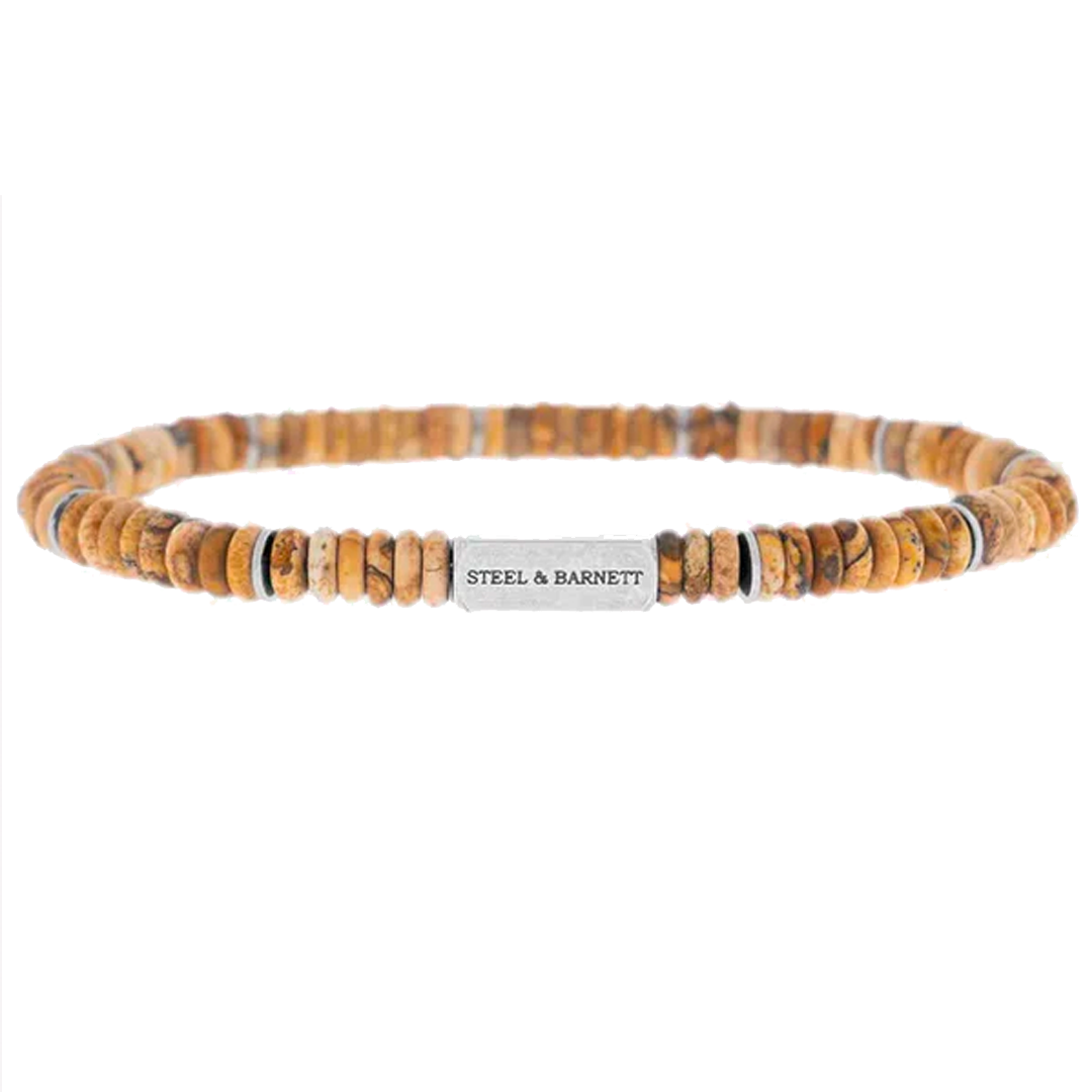 Two Tone - Matte Wood -6mm stone and silver disc stretch bracelet- SBTT/004