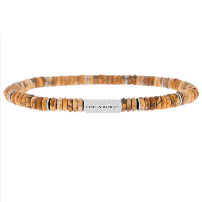 Two Tone - Matte Wood -6mm stone and silver disc stretch bracelet- SBTT/004